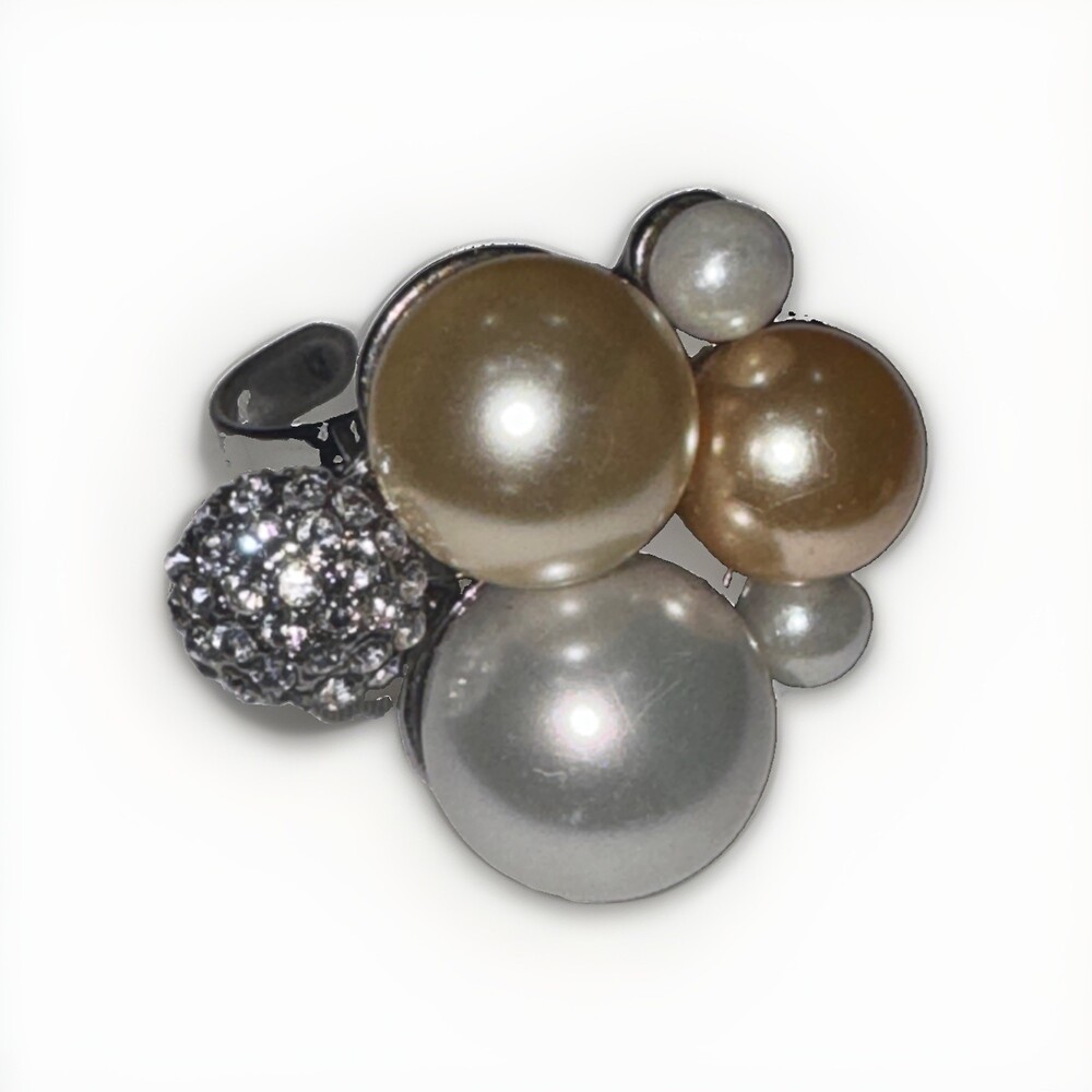 Cocktail Ring Adjustable Chunky Cluster Crystal Simulated Pearl Silver Tri Tone